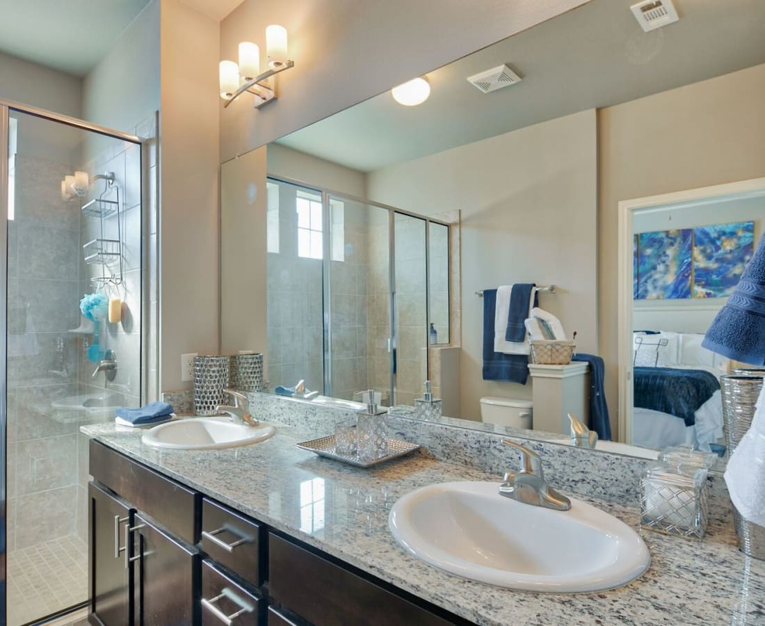 Beautiful upgraded bathroom with granite finish at Parkside Towns in Richardson, Texas