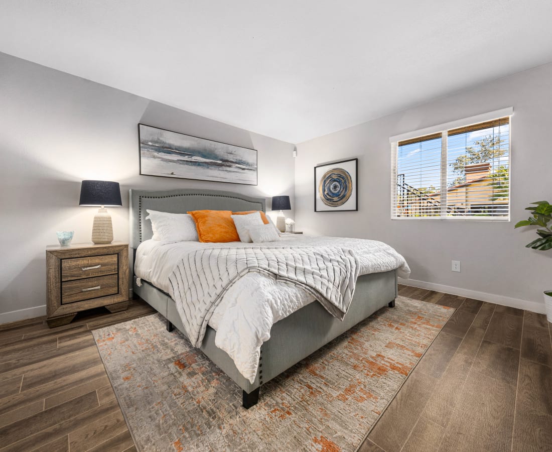 Model bedroom space with an area rug and plenty of natural light at Villetta in Mesa, Arizona