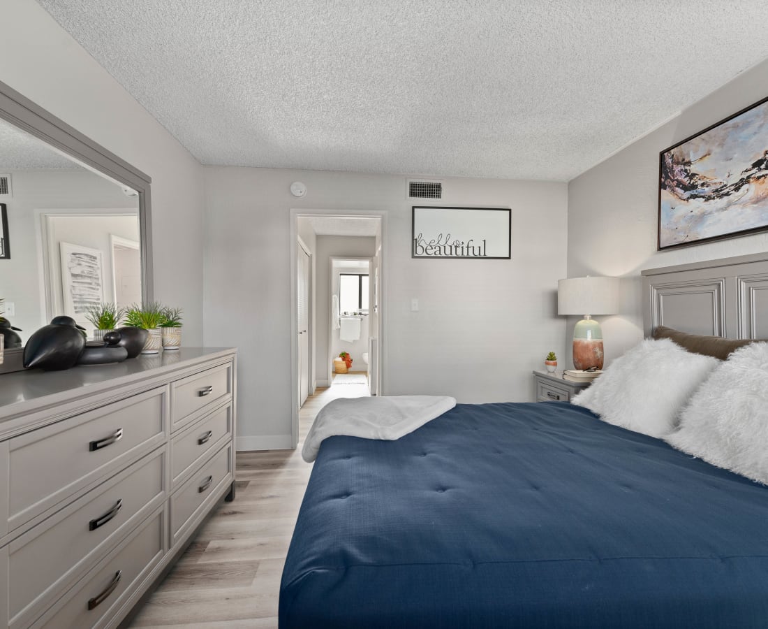 Spacious and cozy model bedroom at The Rev in Tempe, Arizona