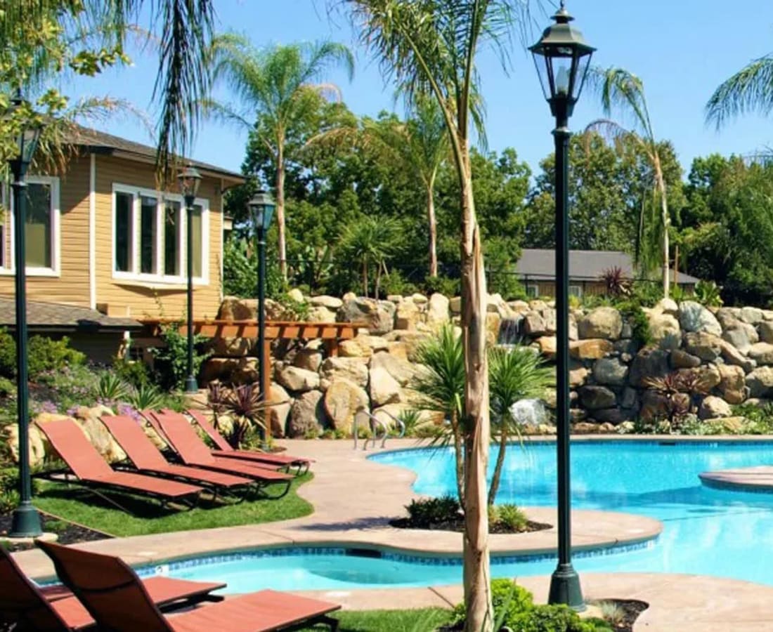 Resort-style pool at The Palms Apartments in Sacramento, California