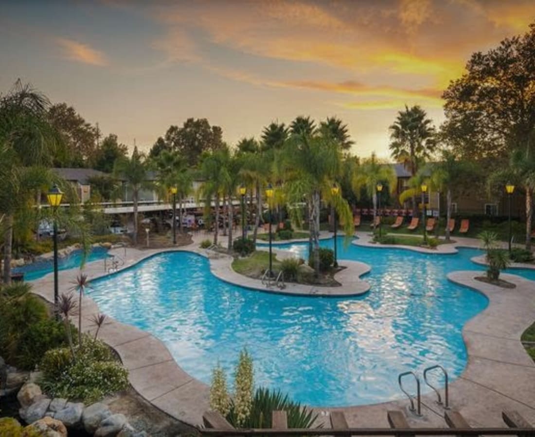 Resort style pool at The Palms Apartments in Sacramento, California