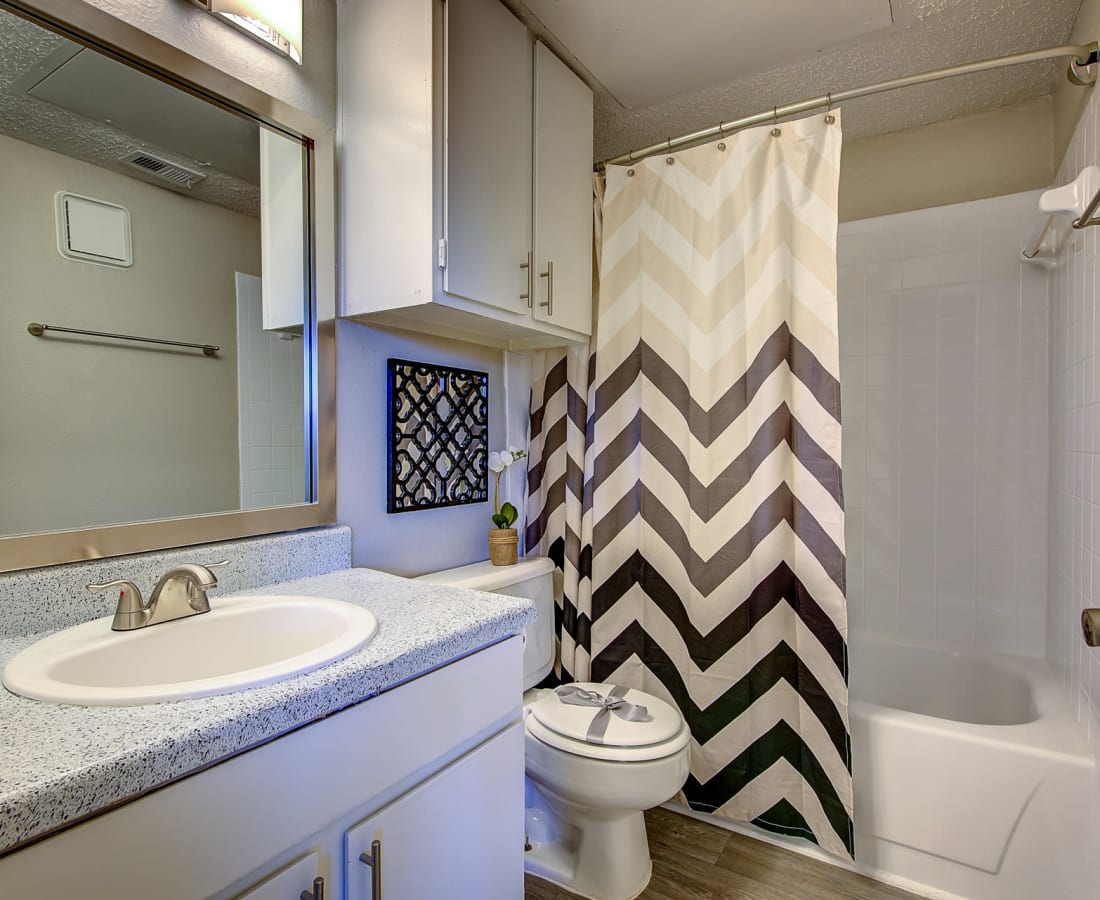 An apartment bathrooom at Canyon Grove in Grand Prairie, Texas