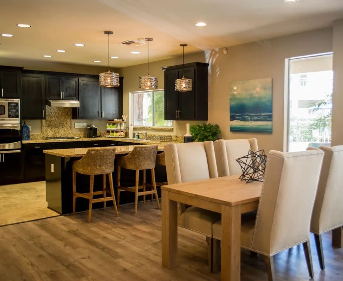 Clubhouse kitchen and seating at Waterford Place in Folsom, California