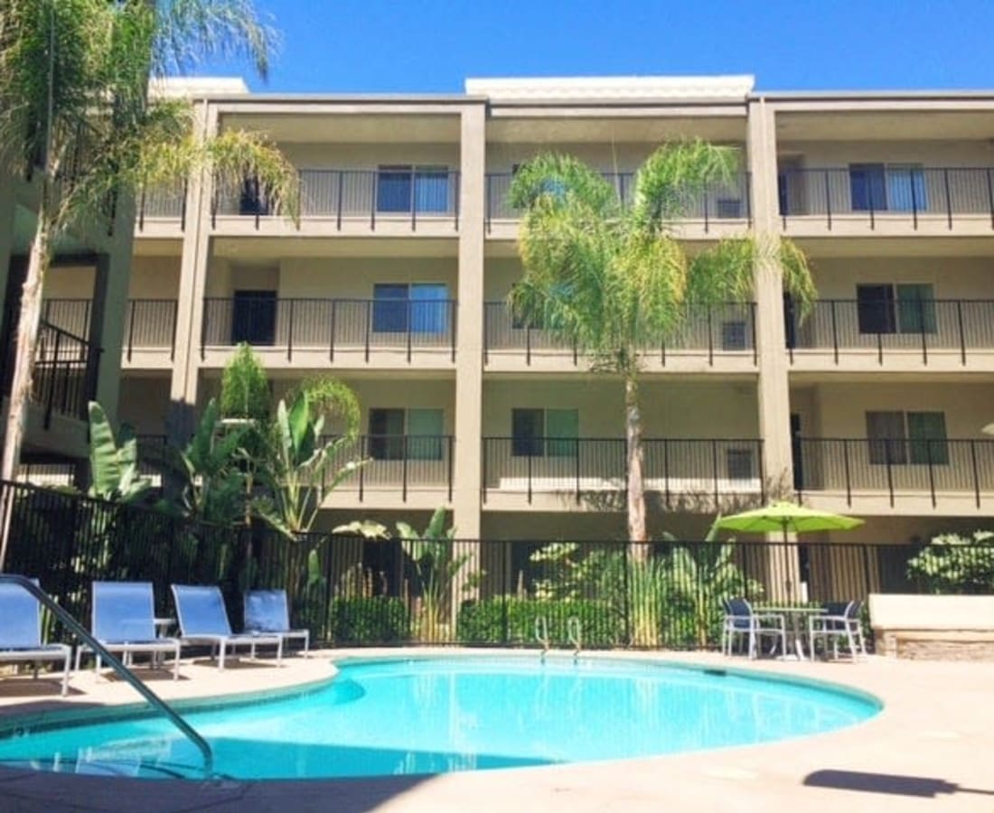  Palm trees surrounding the sparkling swimming pool at DaVinci Apartments in Davis, California