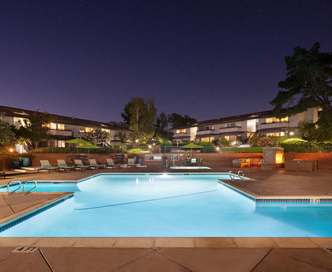 Swimming pool lit at night at Stoneridge Luxury in Walnut Creek, California