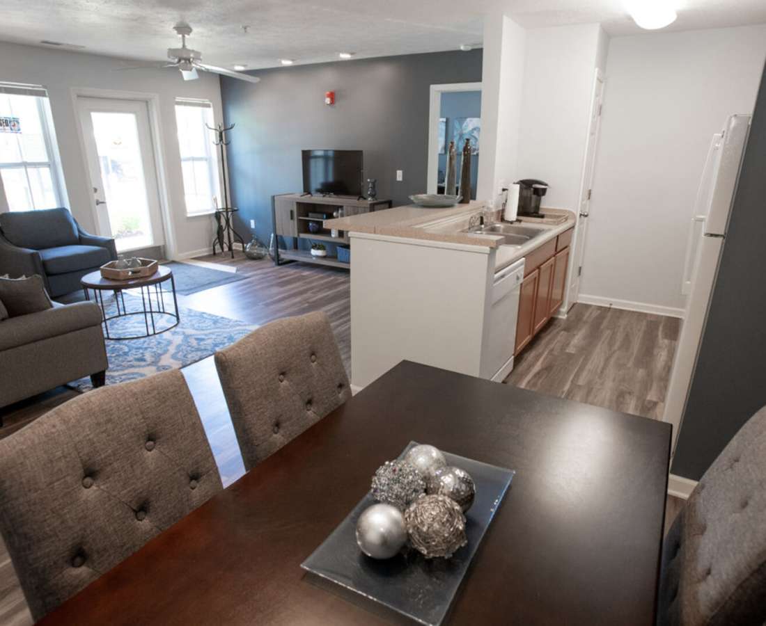 Modern furnishings in a model home's living space at Catalina Shores in Muskegon, Michigan