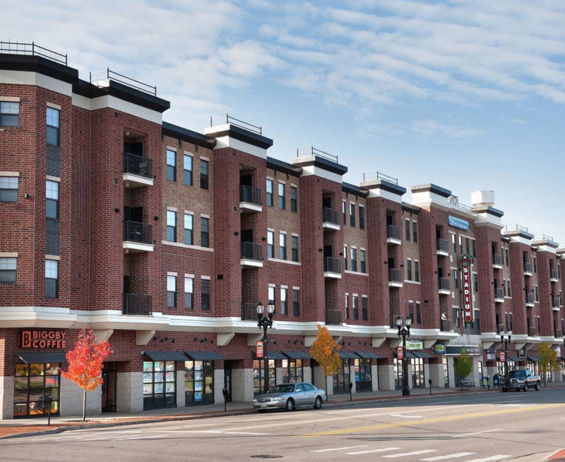 Exterior of apartments at Stadium District Apartments in Lansing, Michigan 