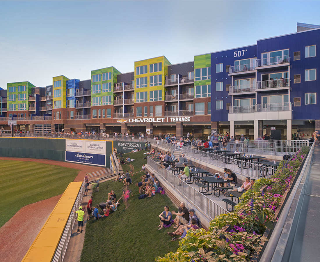 Exterior of apartments at Outfield Ball Park Lofts in Lansing, Michigan 