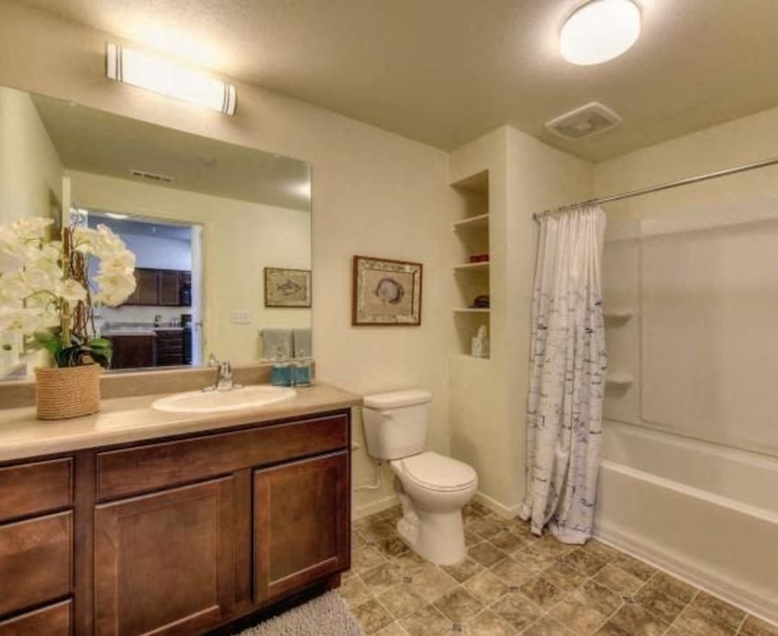 Bathroom with mirror at Eaton Village in Chico, California