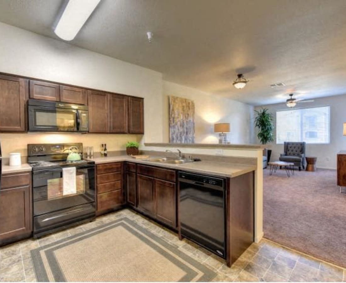 Kitchen with appliances at Eaton Village in Chico, California