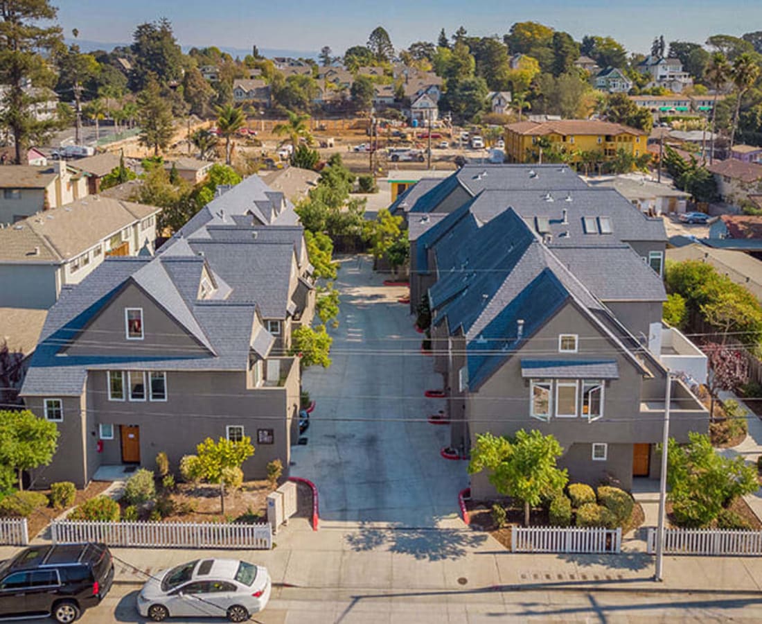 Aerial view housing community at Clay Street Residences in Santa Cruz, California