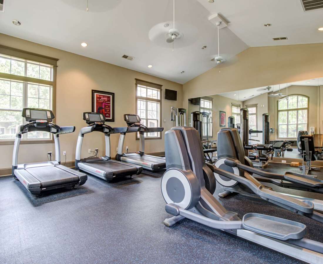 Treadmills in the fitness center at Preserve at Steele Creek in Charlotte, North Carolina