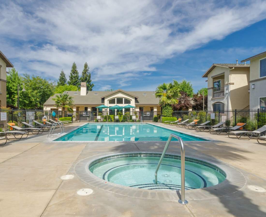 Our beautiful swimming pool and spa at Eaton Village in Chico, California