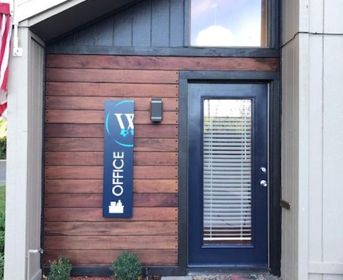 Door to the leasing office at Waters Edge in Sacramento, California