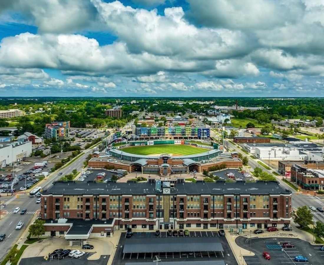 Aerial exterior of apartment home complex at Stadium District Apartments in Lansing, Michigan 
