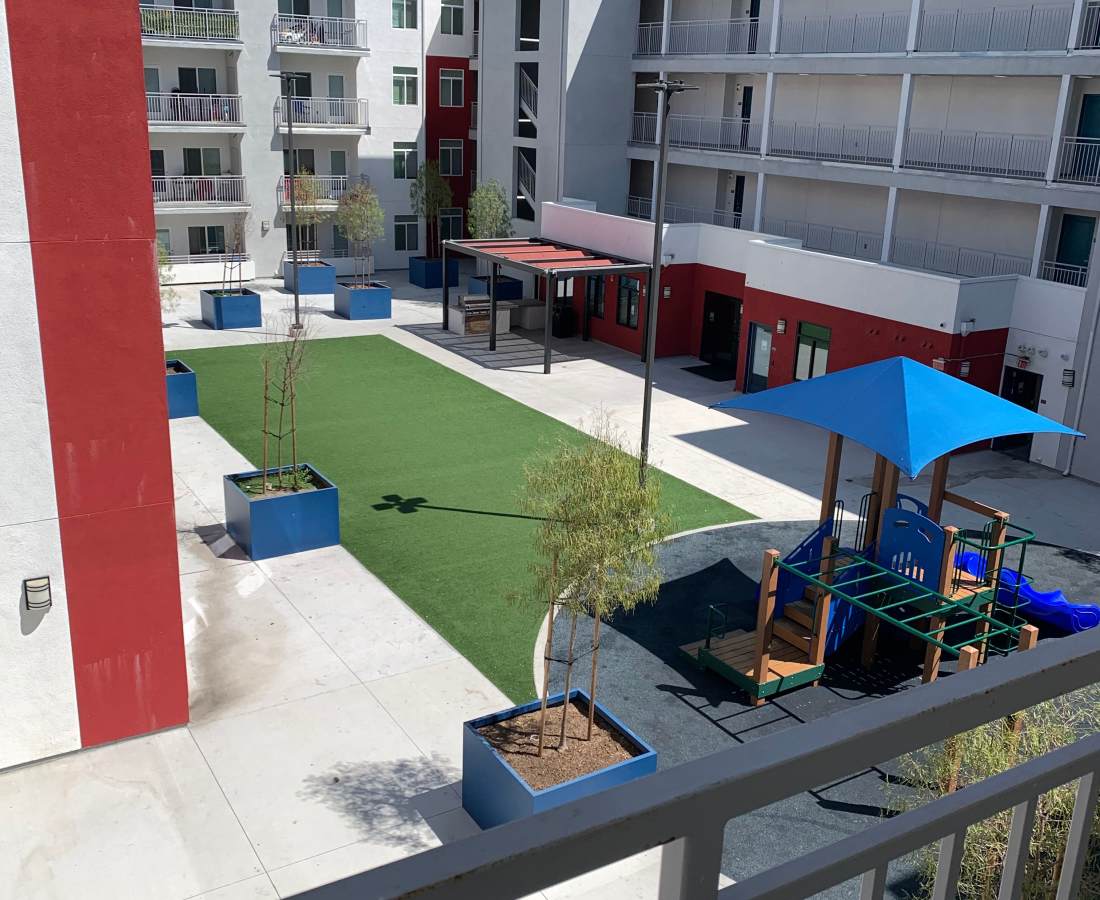 Courtyard from a balcony at Valencia Pointe in San Diego, California