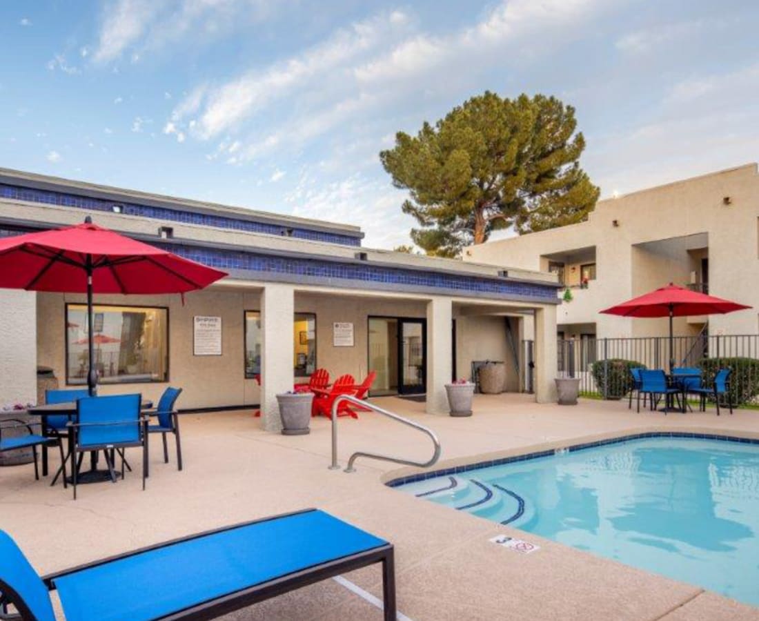 Pool with lounge beds and gazebo at Sunpointe in Phoenix, Arizona, 