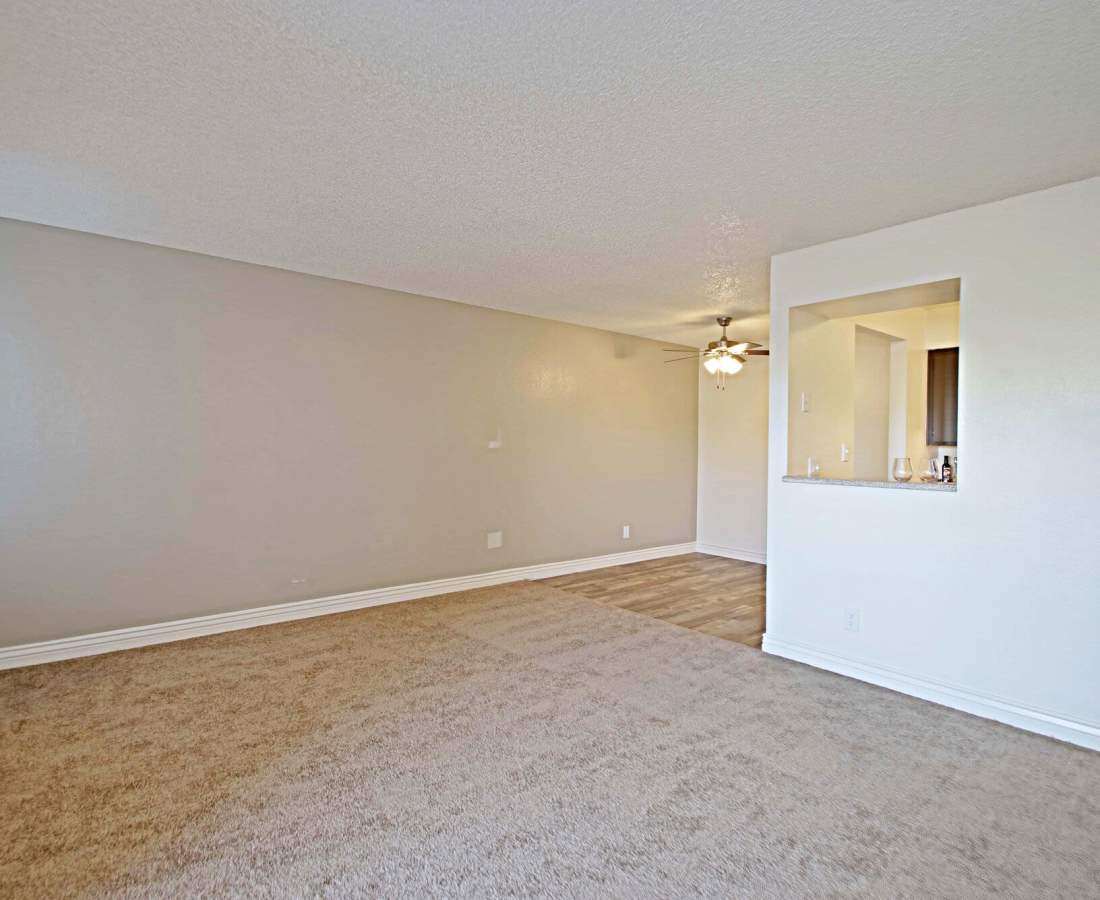 Spacious living room with plush carpeting at 544 Southern Apartments in Mesa, Arizona