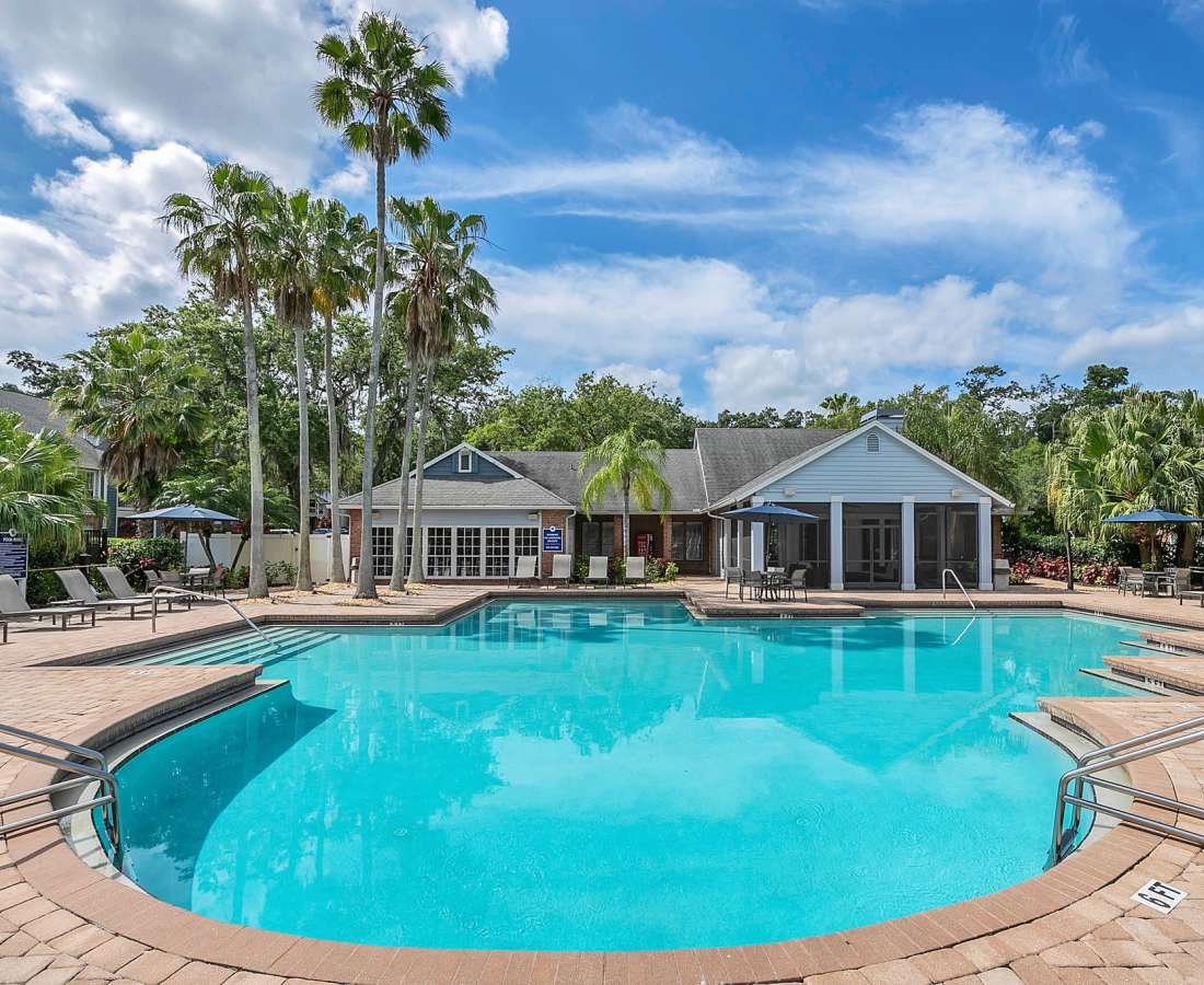 Swimming pool with surrounded by lounge chairs and trees at Rosemont Windermere in Orlando, Florida