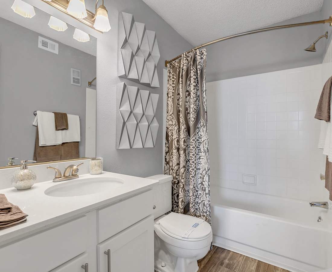 Bright bathroom with a toilet, bathtub, and a large mirror at Rosemont Windermere in Orlando, Florida