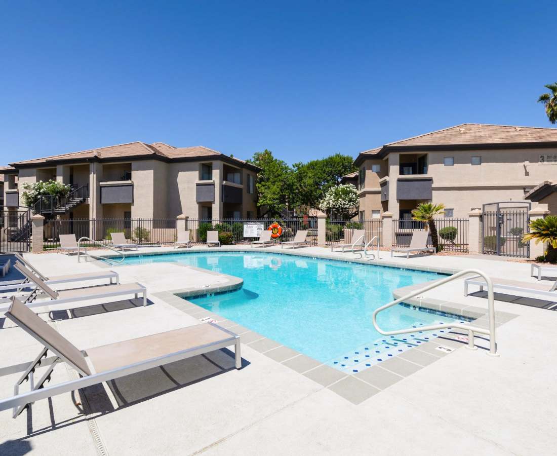 Resort-style swimming pool at Sol District in Phoenix, Arizona