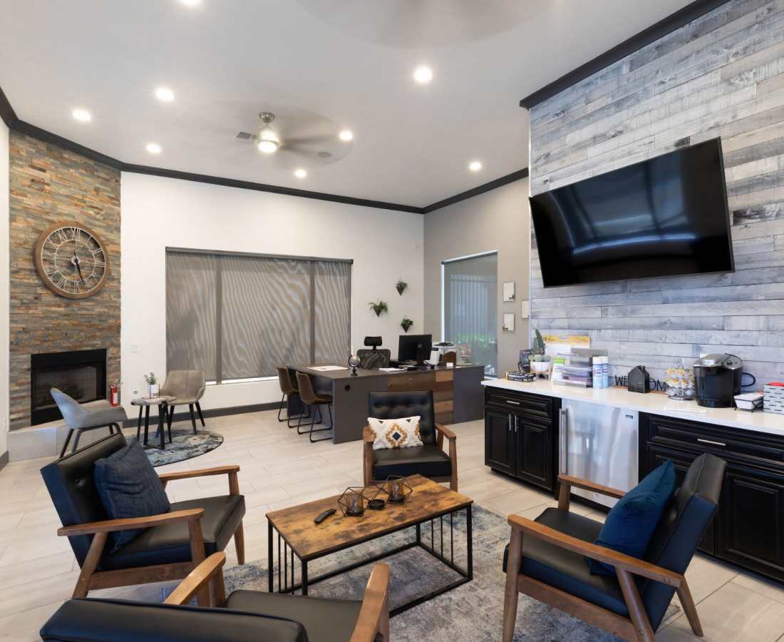 Community space with chairs and firepit at Sol District in Phoenix, Arizona