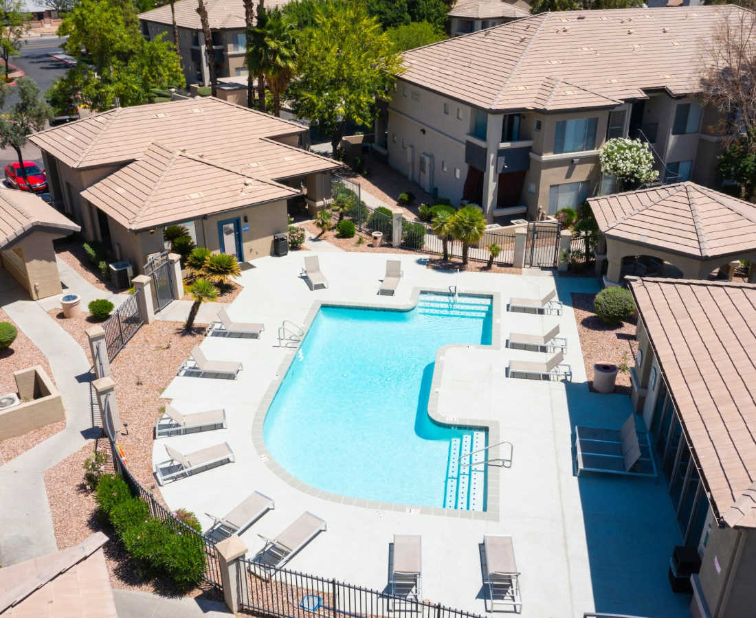 View from top showing pool at Sol District in Phoenix, Arizona