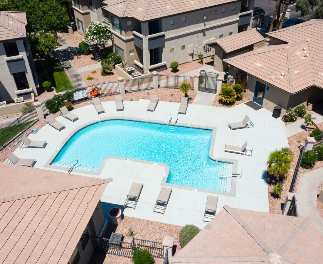 Different angle view of a pool side at Sol District in Phoenix, Arizona