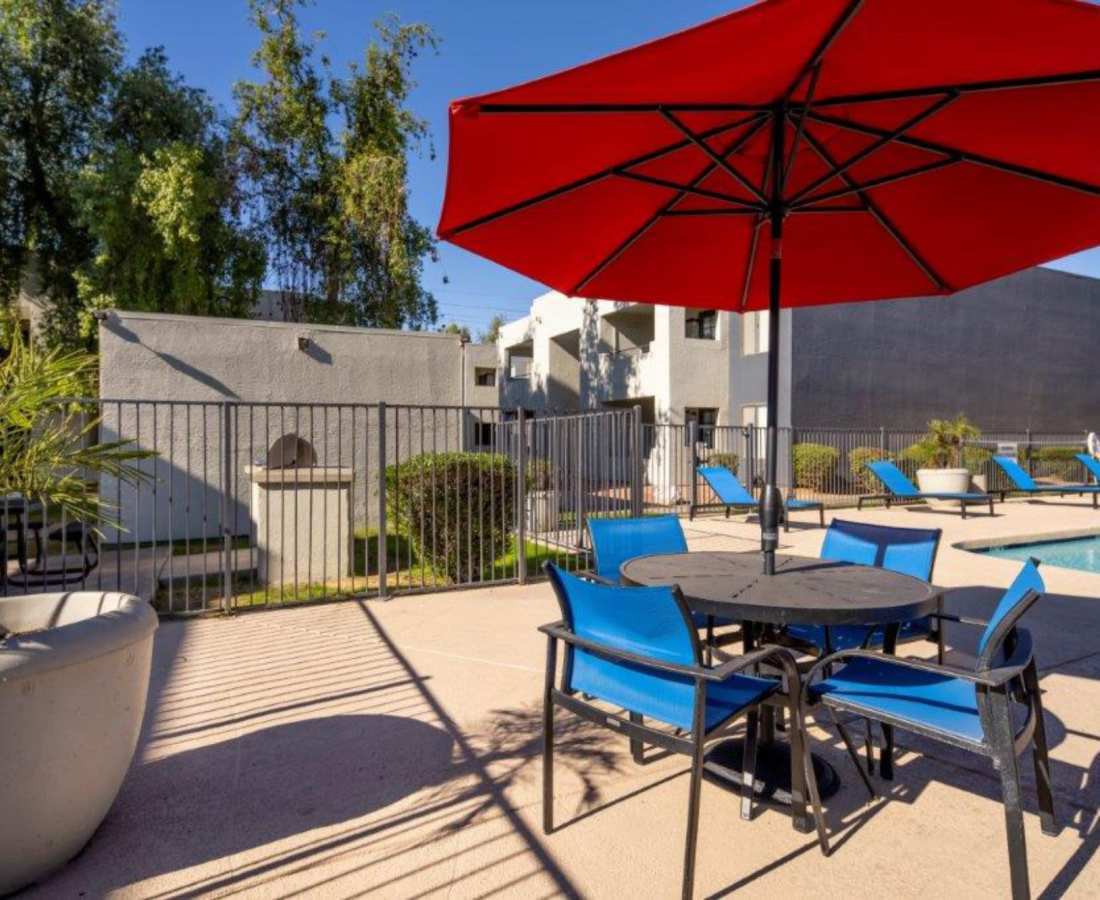Lounge seating area near the pool atSunpointe in Phoenix, Arizona, 