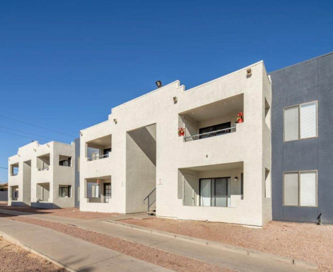 Exterior of the building and walking paths at Sunpointe in Phoenix, Arizona, 