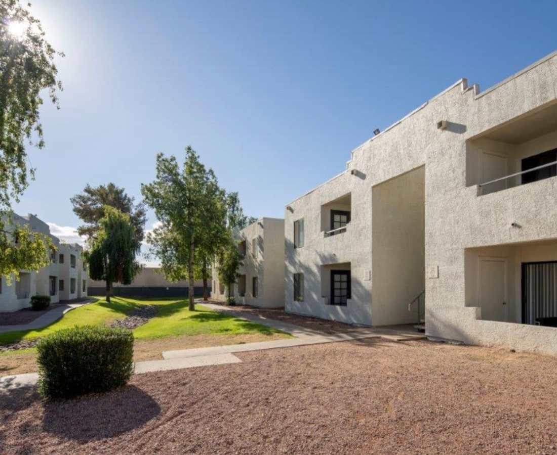 Green lawn outside the buildings at Sunpointe in Phoenix, Arizona, 