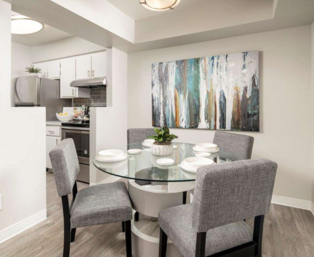 Separate dining room connected to fully equipped kitchen at Sunpointe in Phoenix, Arizona, 