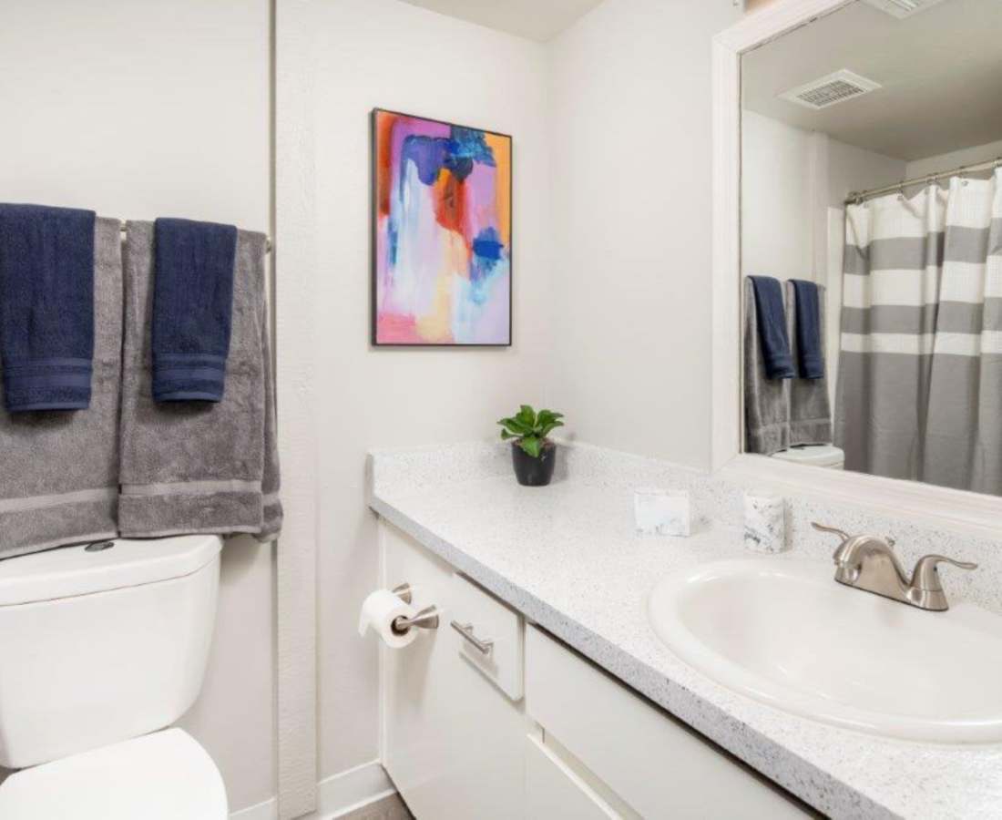 Bright bathroom with large mirror at Sunpointe in Phoenix, Arizona, 