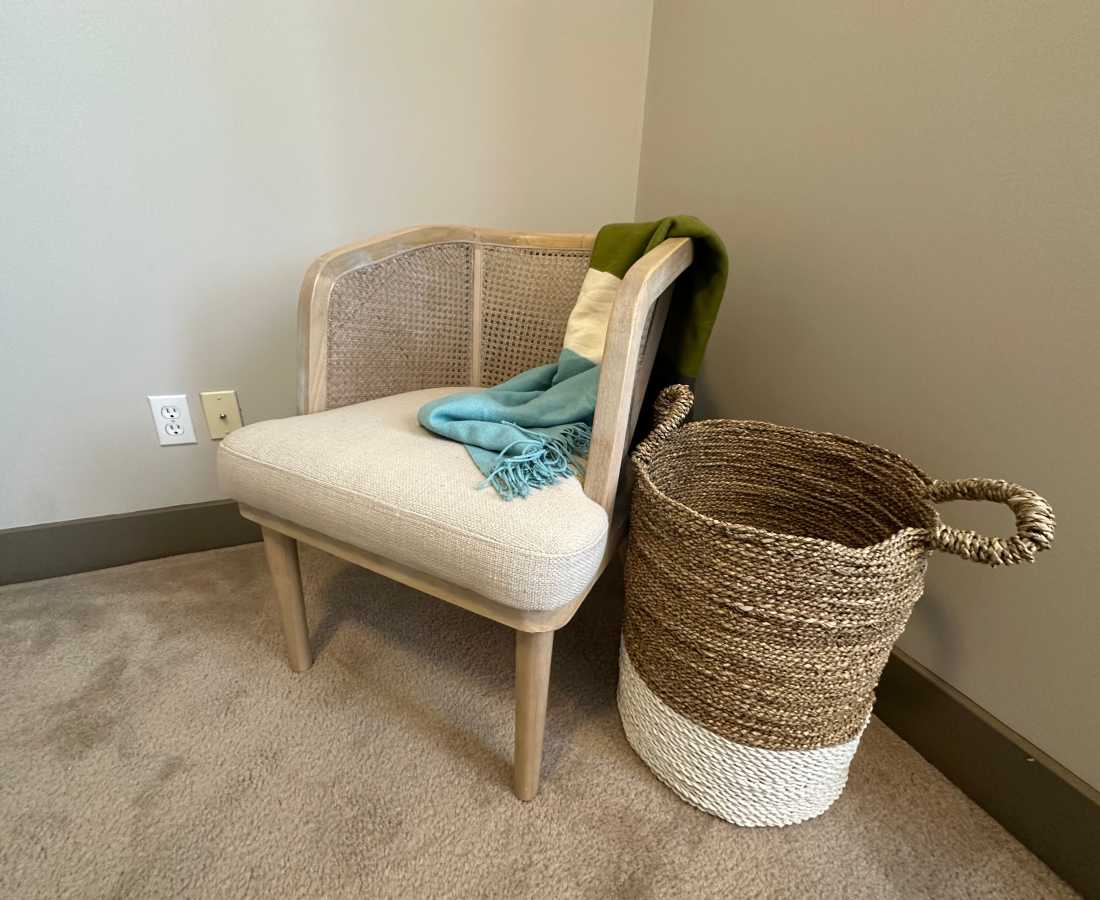 Retro-modern end table in an apartment at Stadium District Apartments in Lansing, Michigan