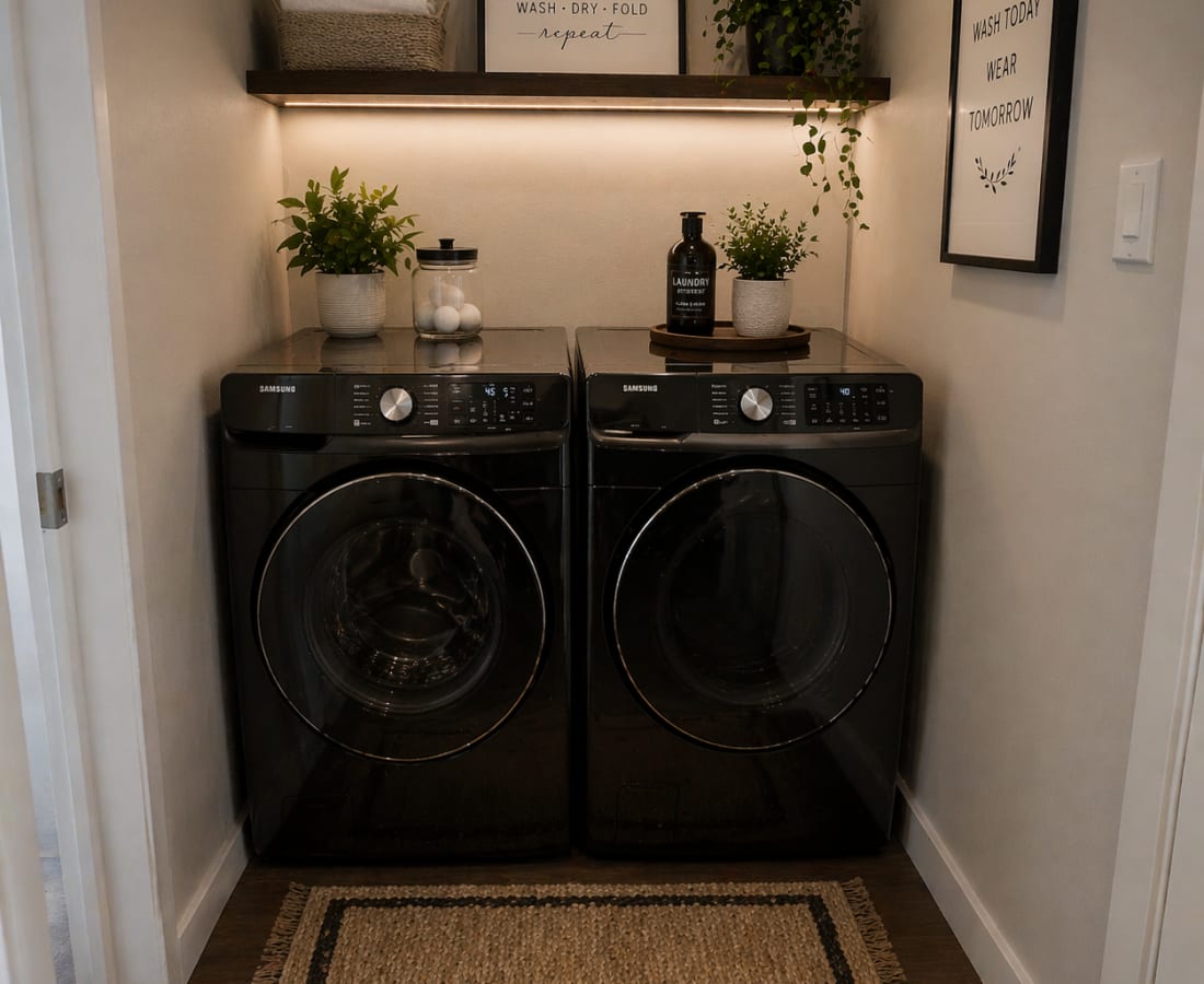 Laundry area with black appliances at Treehaven in Summerville, South Carolina