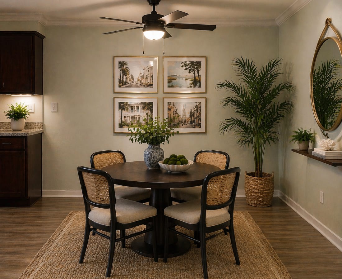 Dining area with round table and plants at Treehaven in Summerville, South Carolina