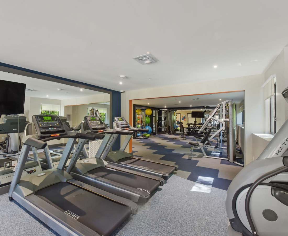 Treadmills lined up in a fitness center at Bethesda Hill in Bethesda, Maryland