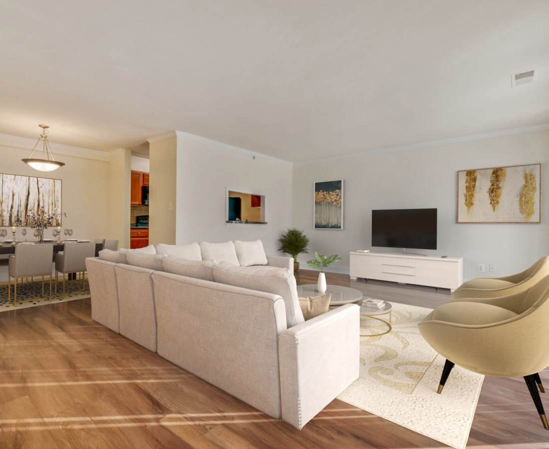 Light wood flooring with beige furniture at Bethesda Hill in Bethesda, Maryland