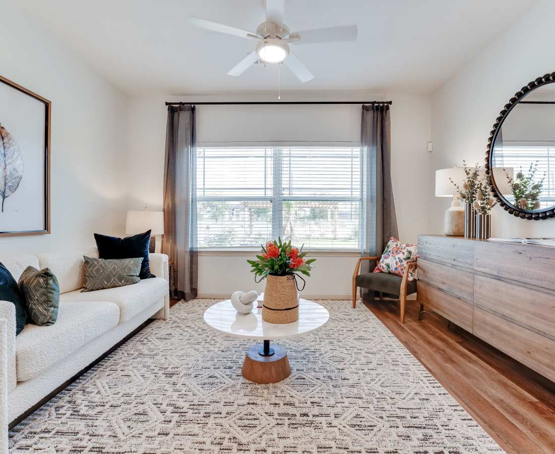Bright living room with stylish decor at Meridian City Park in Houston, Texas