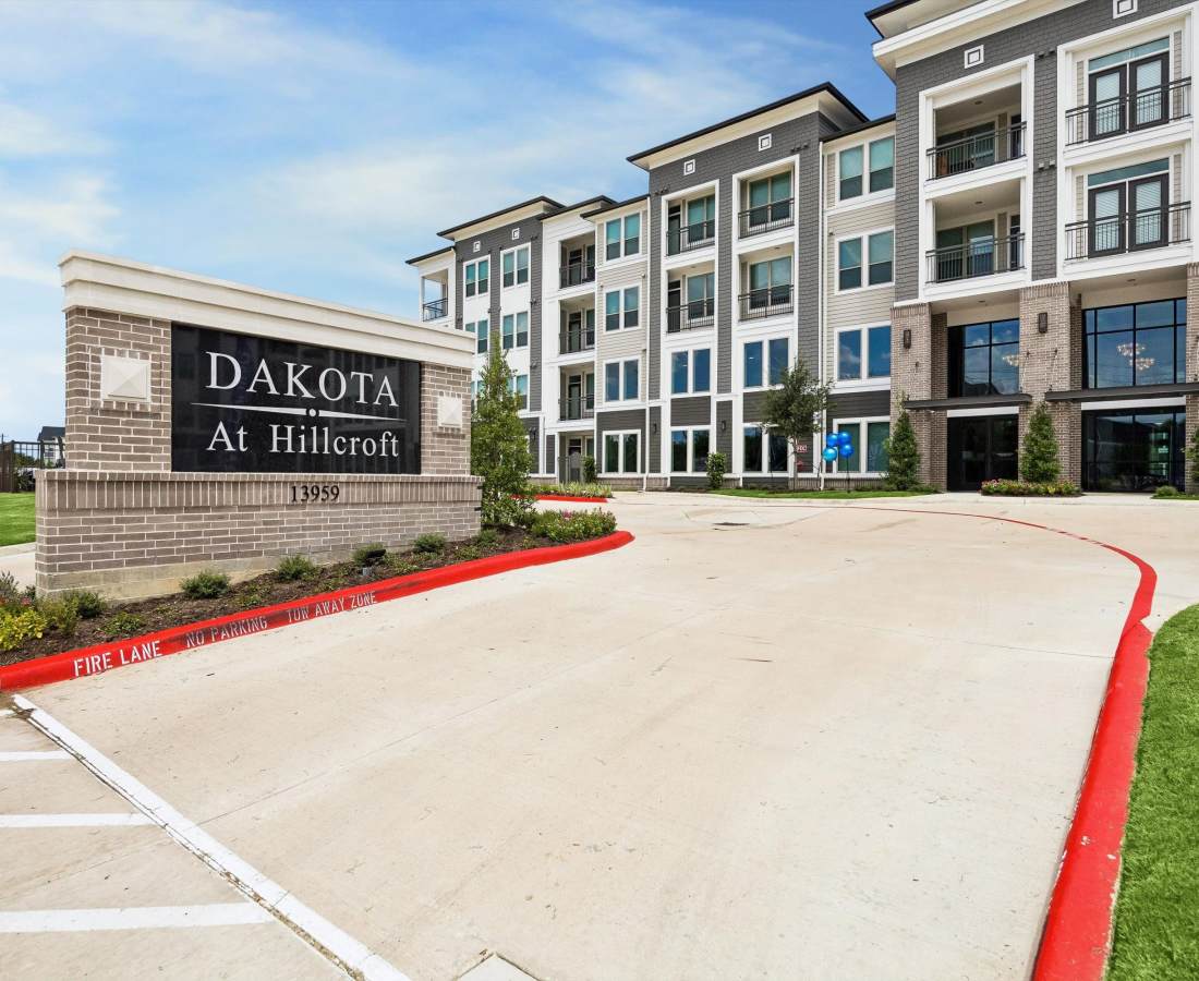 Community signage board at Dakota at Hillcroft in Houston, Texas