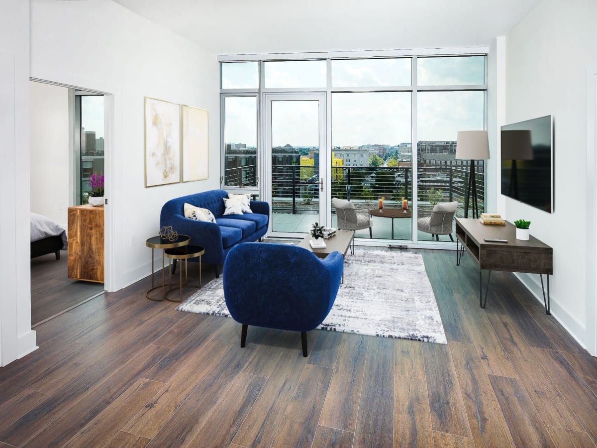 Bright windows in an apartment living room at J Linea in Washington, District of Columbia
