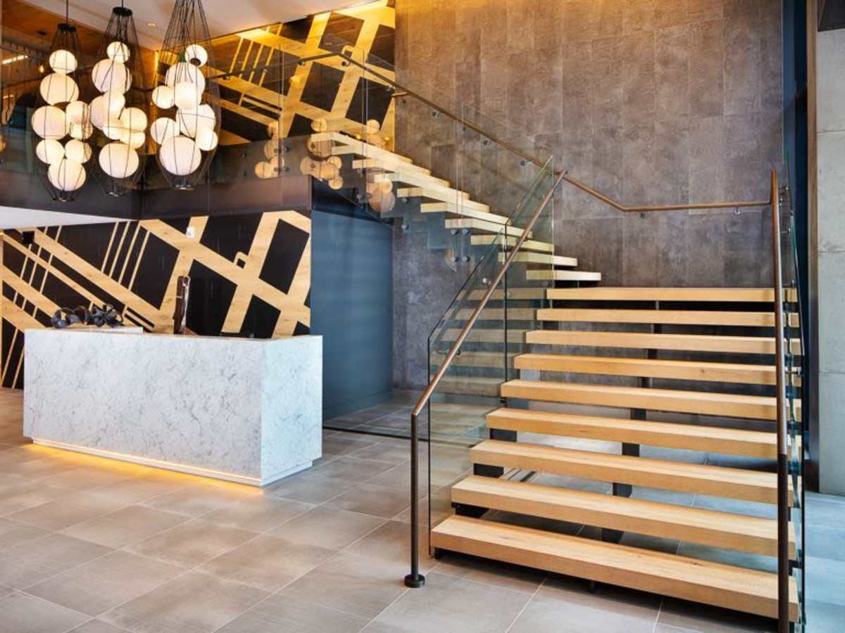 Modern staircase in the clubhouse at J Linea in Washington, District of Columbia