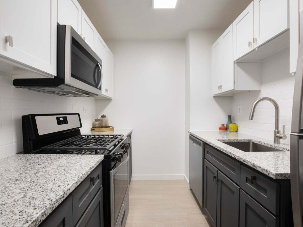 Modern finishes in an apartment kitchen at J Vue at The LMA in Boston, Massachusetts