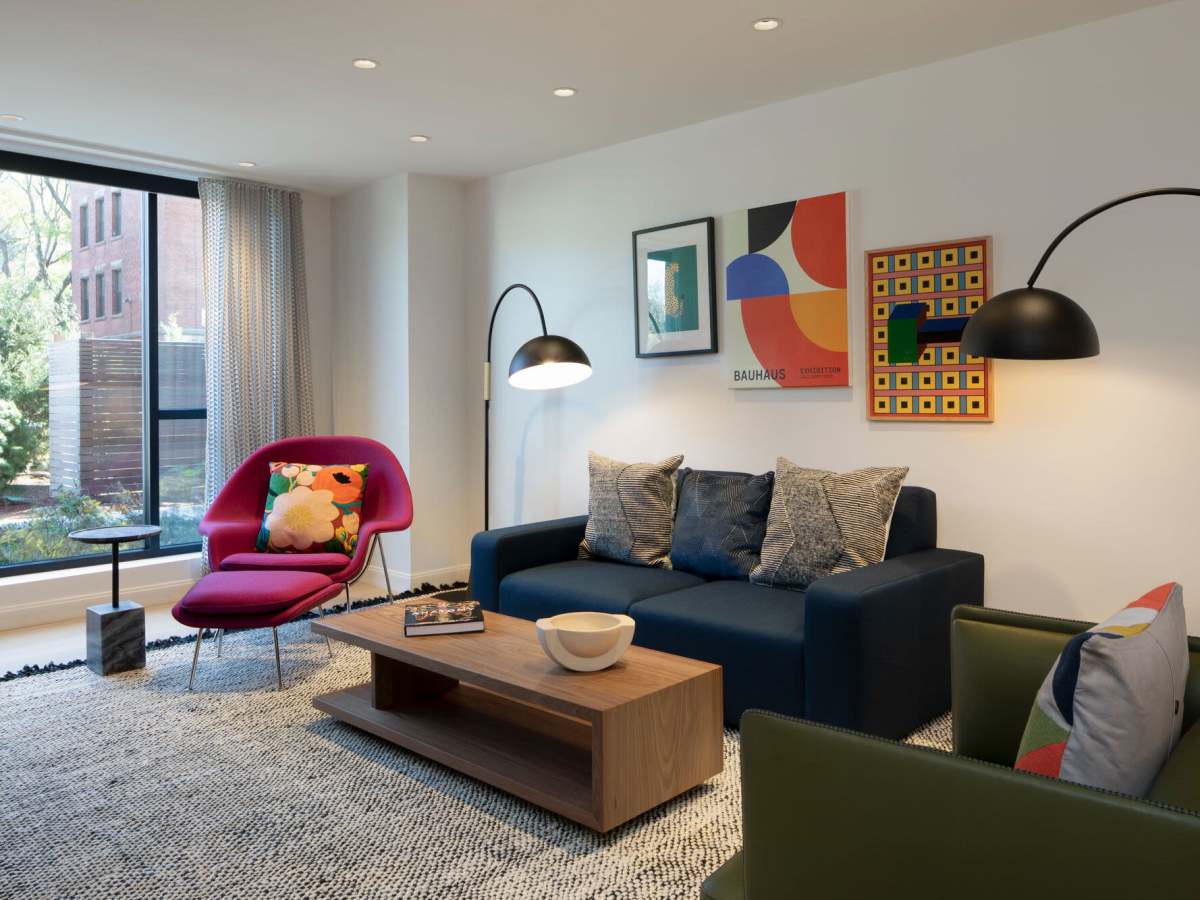 Modern furnishings and decor in a living room at J Vue at The LMA in Boston, Massachusetts