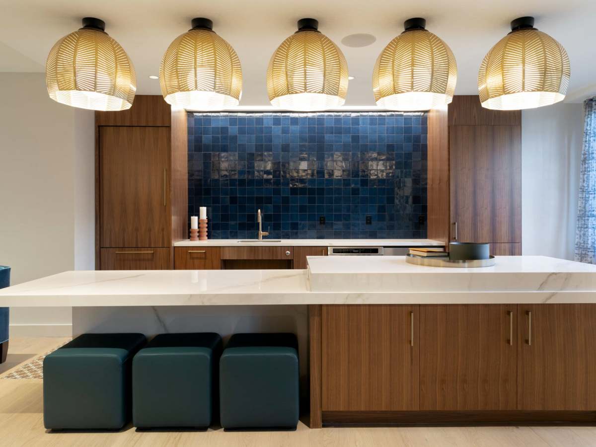 Bar seating in the clubhouse kitchen at J Vue at The LMA in Boston, Massachusetts
