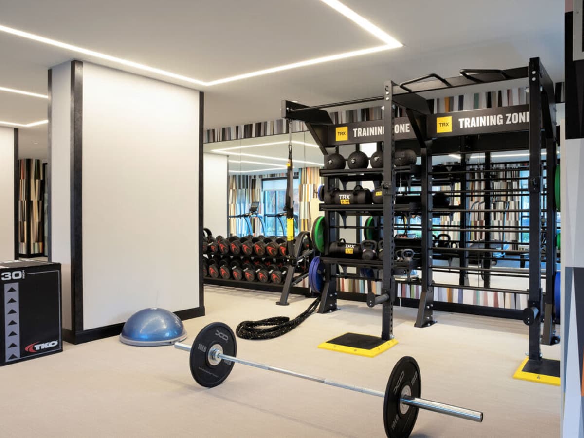 Barbell and weight lifting equipment at J Vue at The LMA in Boston, Massachusetts