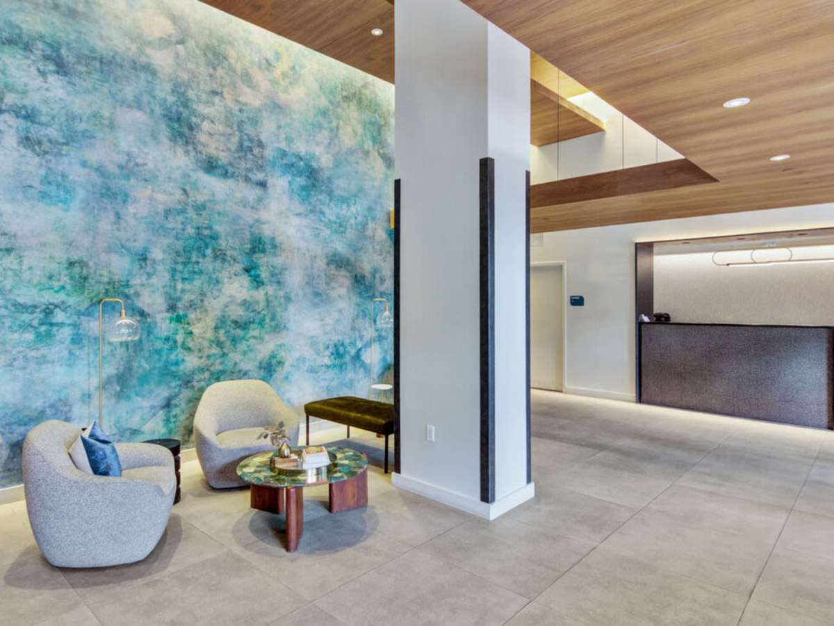 Soaring ceilings in the lobby at J Vue at The LMA in Boston, Massachusetts
