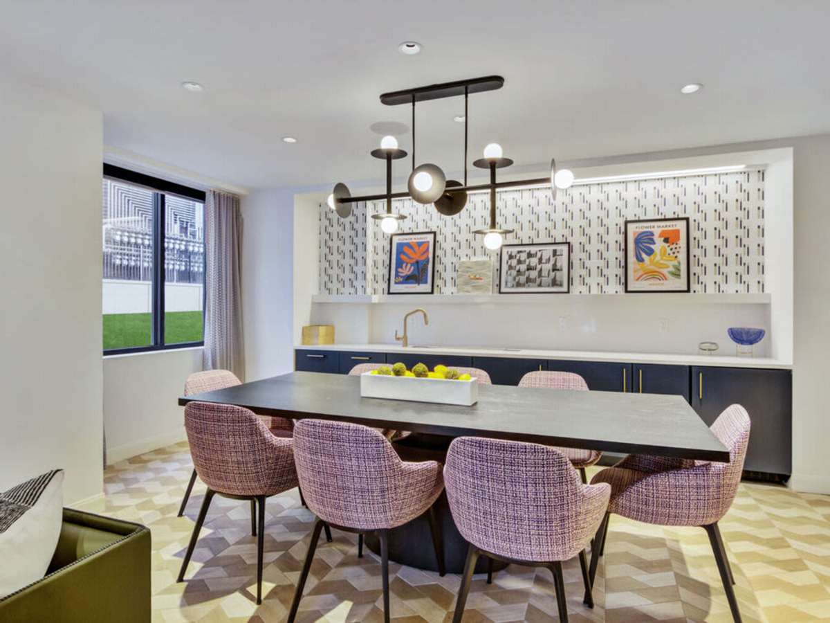 Dining area in the clubhouse kitchen at J Vue at The LMA in Boston, Massachusetts