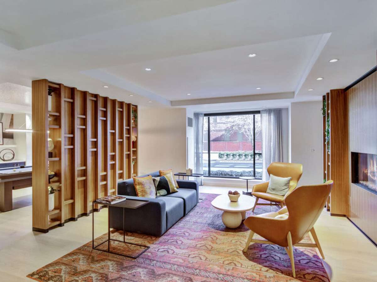 Seating area in the community lounge at J Vue at The LMA in Boston, Massachusetts