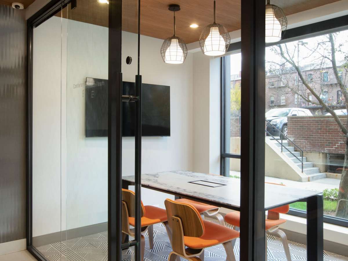 Micro office in the coworking lounge area at J Vue at The LMA in Boston, Massachusetts